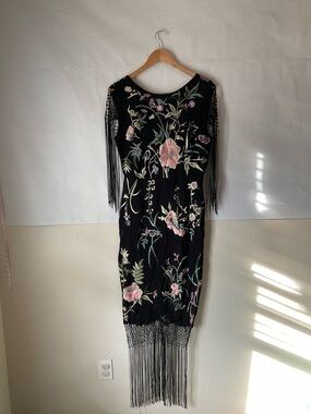 ASOS Black Embroidered Fringe Midi Dress Floral Mesh Detail Size 8 NWT